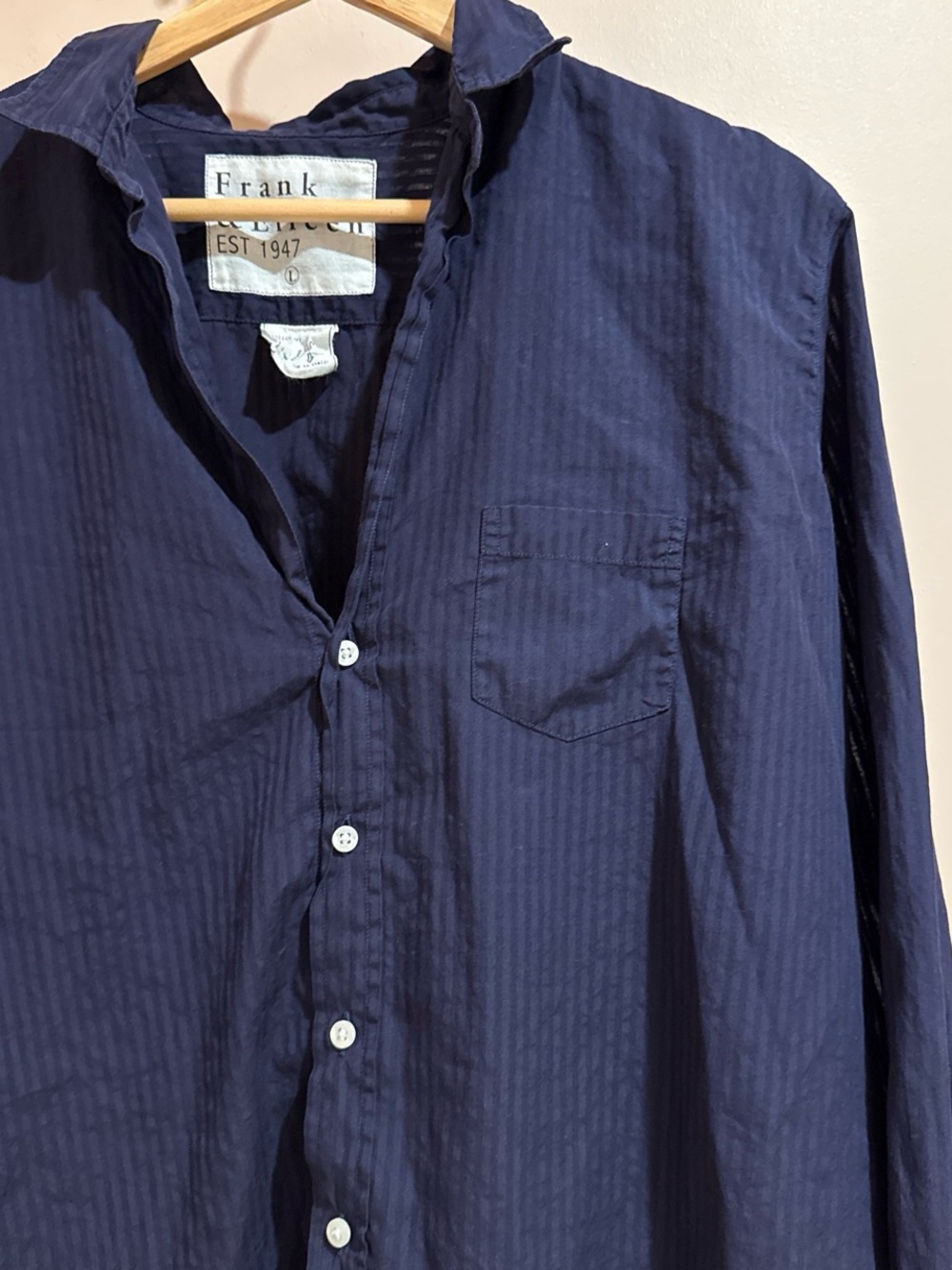 Frank & Eileen navy blue button-down shirt featuring subtle vertical stripes - Picture 6 of 8